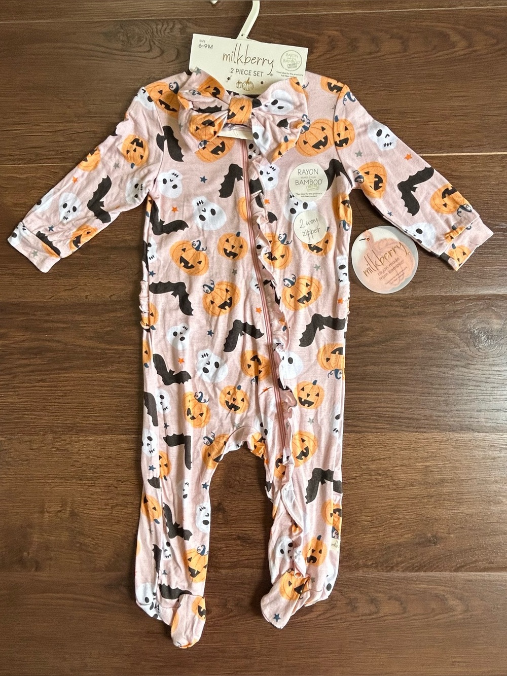 Milkberry Halloween Ruffle Bamboo Footie & Bow Set 6-9m Pumpkin Skull Bat